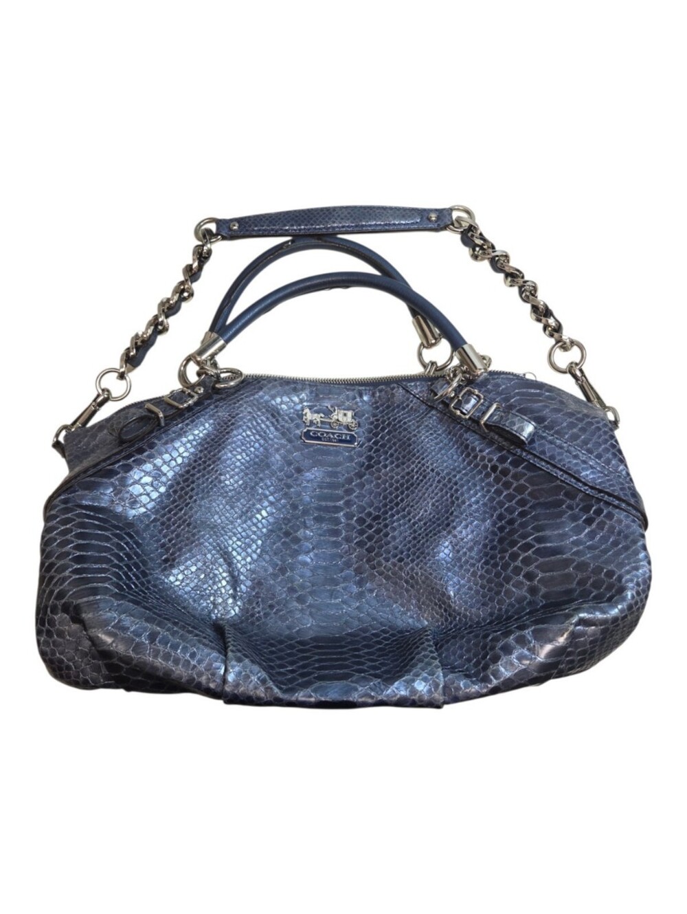 Coach Madison Metallic Blue Leather Python Embossed Sophia Satchel Bag 16346